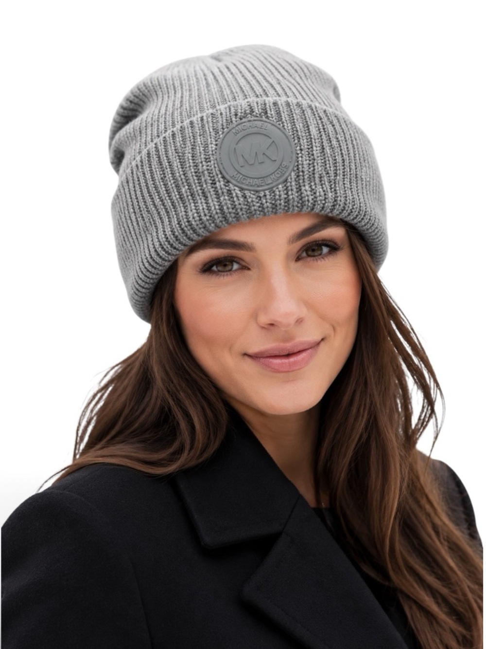 Michael Kors Women's Rib Rubber Patch Logo Cuffed Beanie Gray